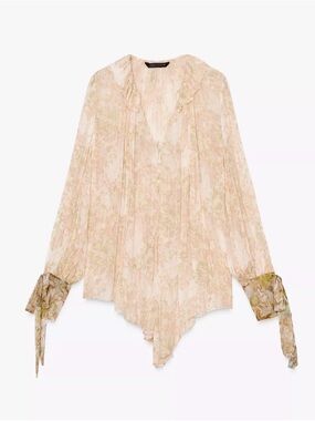 Zara Floral Printed ZW COLLECTION V-Neck Ruffle Tie-Cuff Blouse Brand New size M